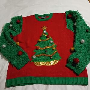 Ugly Christmas Sweater Women's XXL Red PomPoms Sequins Christmas Tree Crew Neck